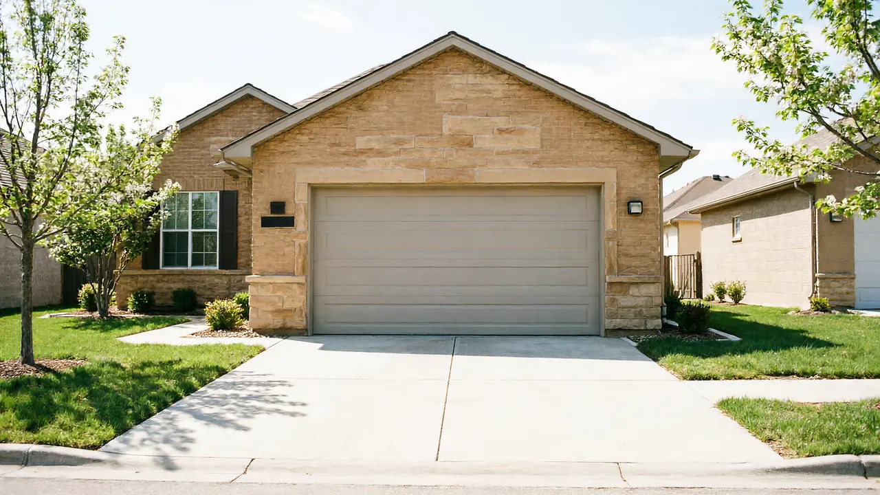 A light brown house with a single garage door and a concrete driveway.