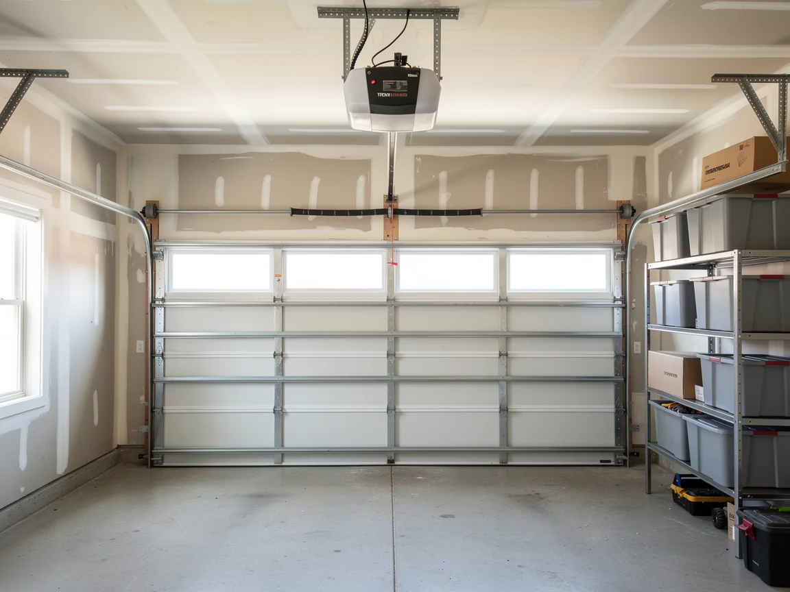 The garage door is closed, with an opener and storage shelves visible.
