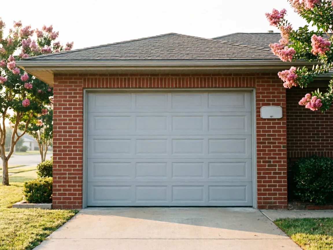 A light gray garage door is set in a red brick house with pink flowering trees.