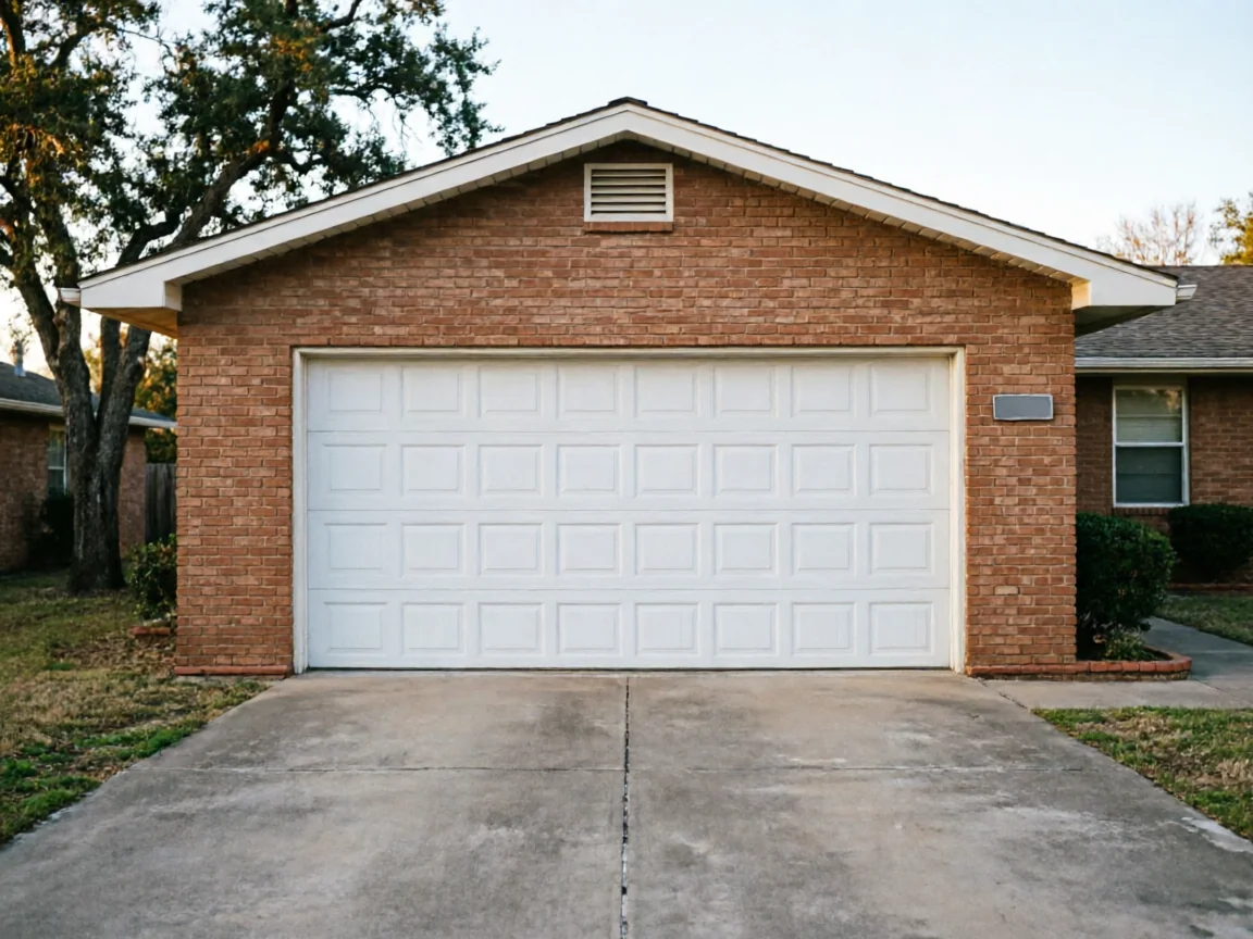 A white garage door on a brick house with a concrete driveway.
