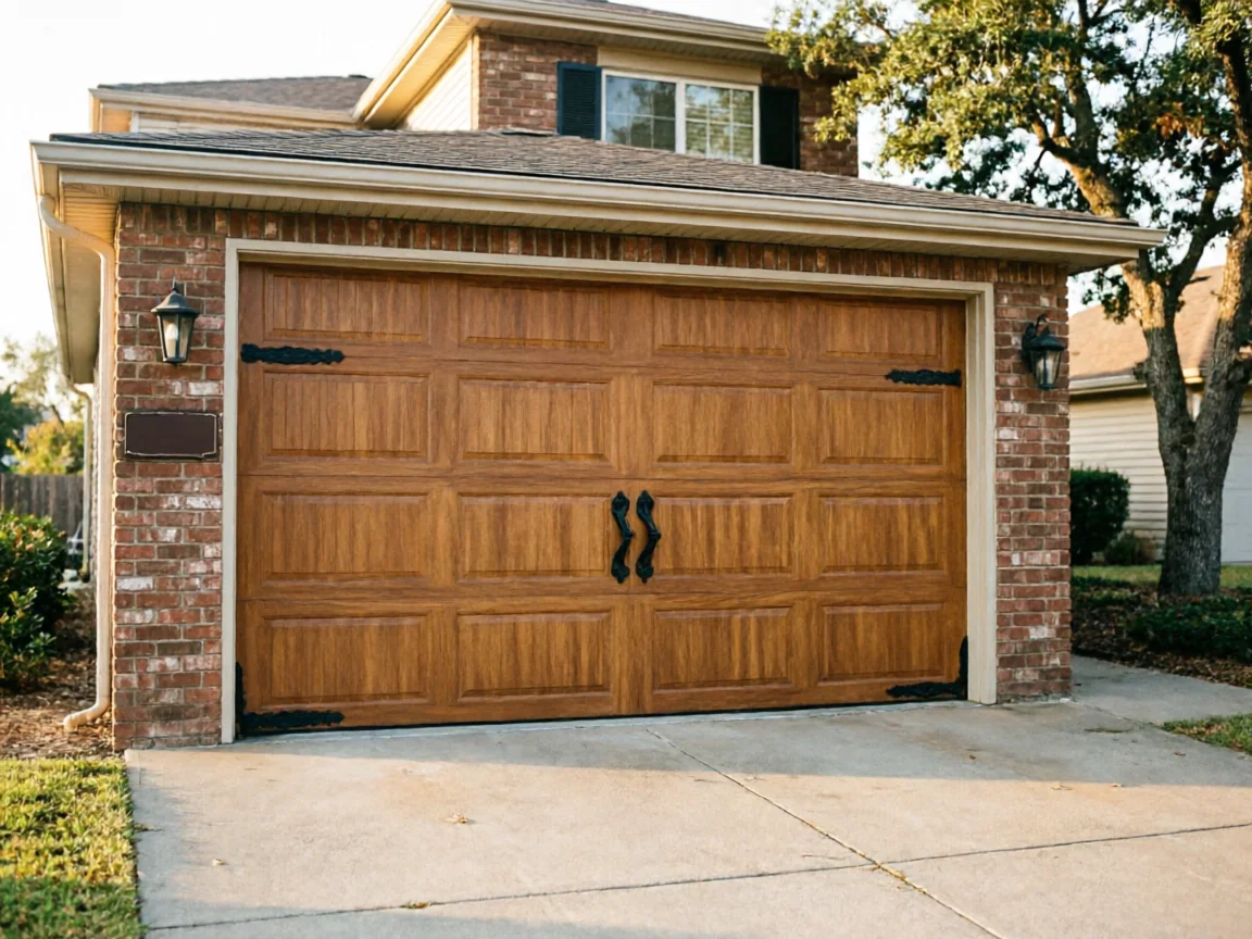A brown wooden garage door with decorative black hardware is on a brick house.